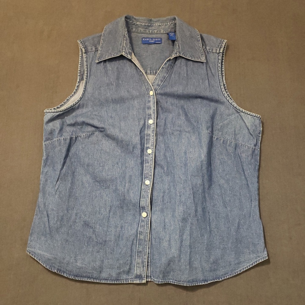 Karen Scott Denim Sleeveless Shirt Womens 1X Blue Cotton Button Up Vest